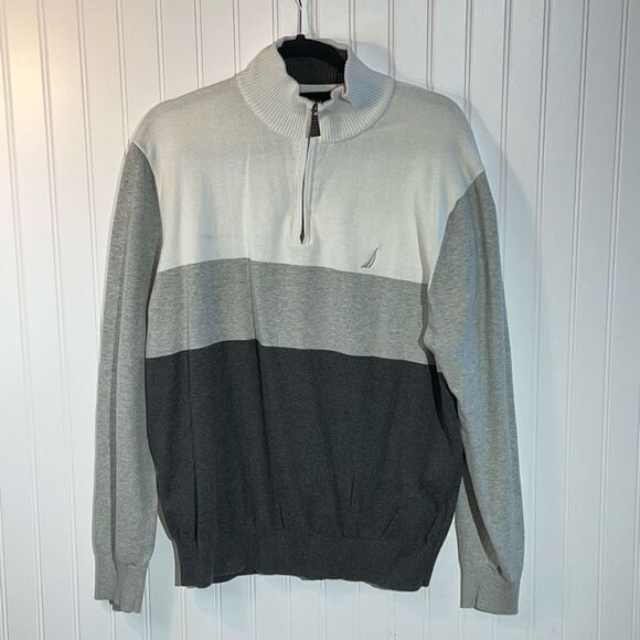 Nautica Color Block Quarter Zip Sweater Mens XLarge White Gray Black Long Sleeve - Picture 1 of 11